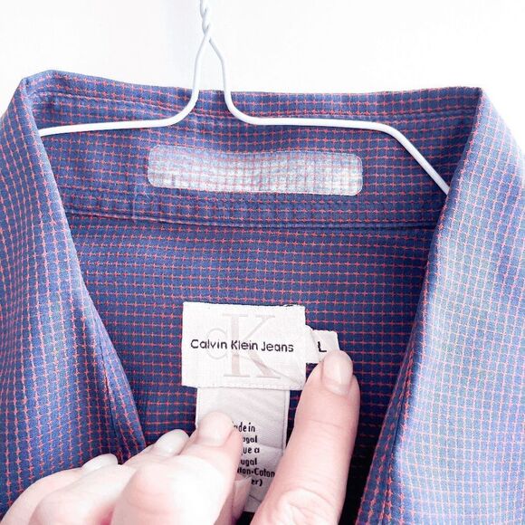 Calvin Klein Jeans Mens Career Shirt Button Down Long Sleeve Micro Dot Blue Red - Picture 4 of 8